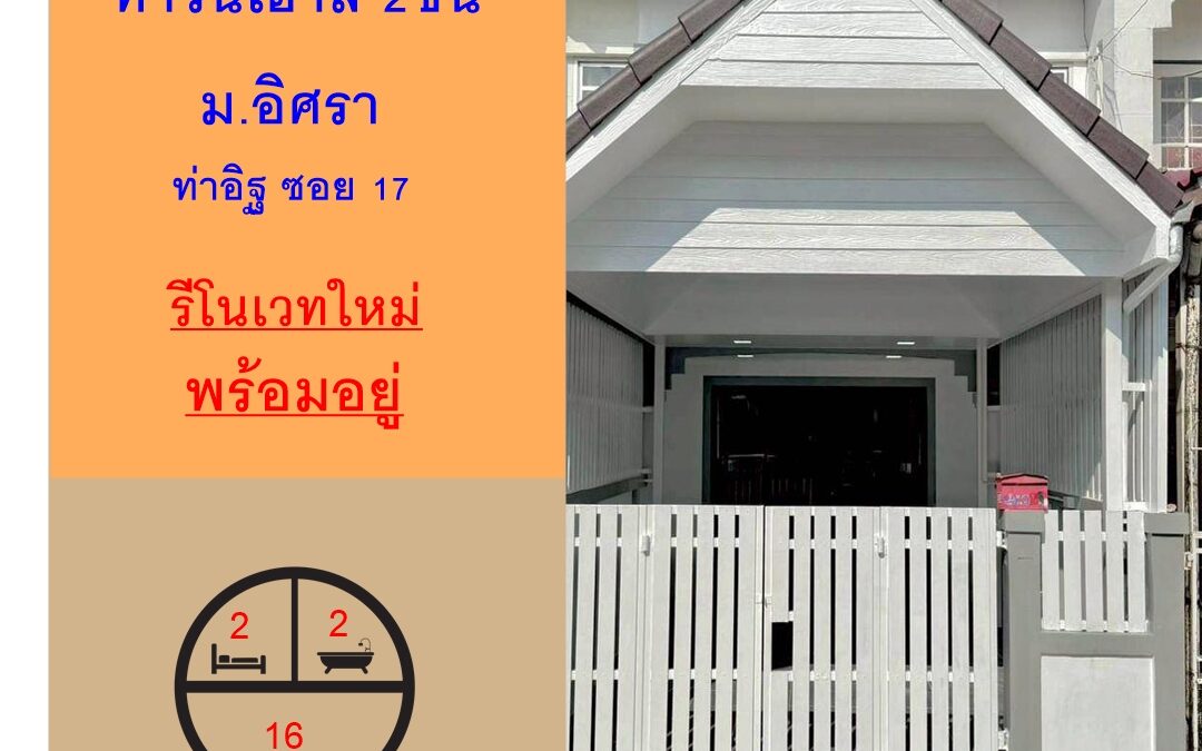 รีโนเวทใหม่ขายทาวน์เฮ้าส์ 16 ตร.ว ม.อิศรา ท่าอิฐ ซอย 17  พร้อมอยู่ จัดกู้ฟรี