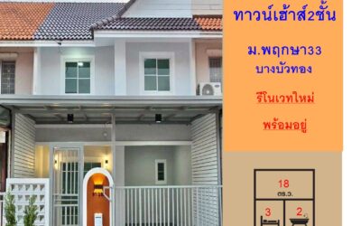 ขายทาวน์เฮ้าส์ 18 ตร.ว ม. พฤกษา 33 (ซอย32) รีโนเวทแต่งสวย พร้อมอยู่ จัดกู้ฟรี
